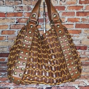 Kooba Brown Woven Hobo Bag with Stud Accents